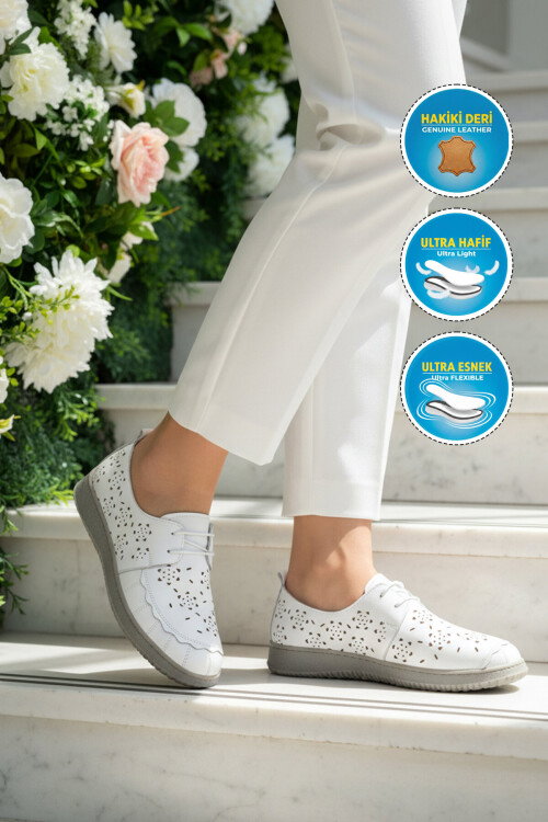 Beyaz Hakiki Deri Kadın Casual Ayakkabı 2084 Z