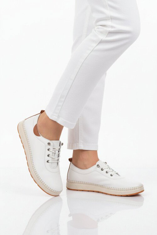 Beyaz Hakiki Deri Ortopedik Kadın Casual Ayakkabı 3030 Z