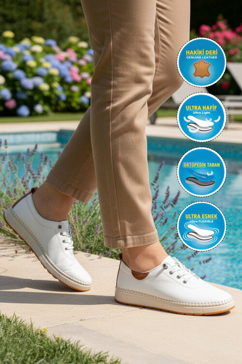 Beyaz Hakiki Deri Ortopedik Kadın Casual Ayakkabı 3030 Z