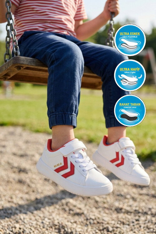 Beyaz Kırmızı Cırtlı Hafif Cilt Unisex Çocuk Spor Ayakkabı 900869 Hml Malmo Jr