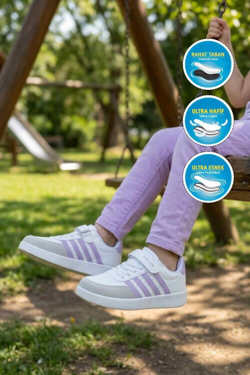 Beyaz Lila Cırtlı Hafif Esnek Kız Çocuk Spor Ayakkabı 754 F