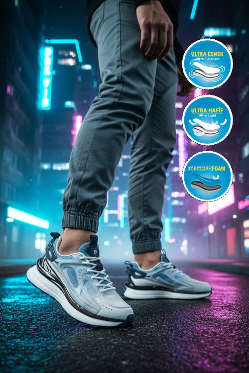 Beyaz Mavi Fileli Hafif Esnek Erkek Spor Ayakkabı PCI-10105 M