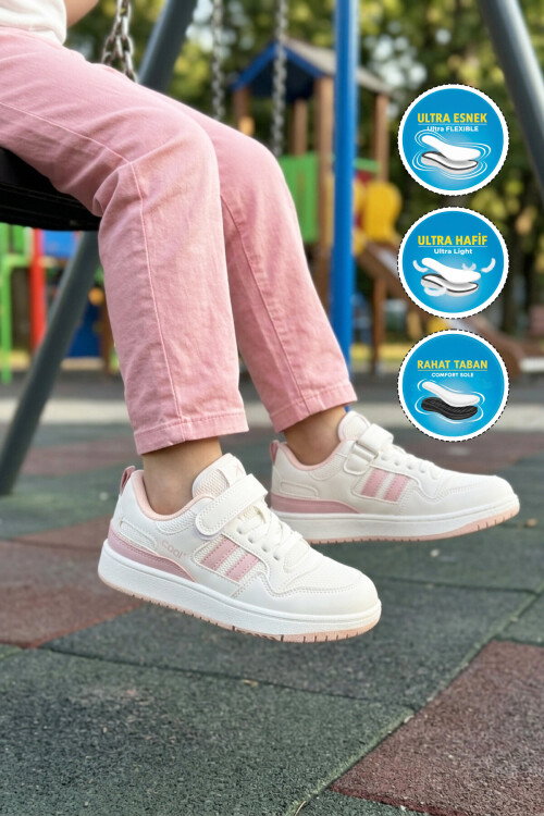 Beyaz Pudra Fileli Hafif Cırtlı Kız Çocuk Spor Ayakkabı Stella F