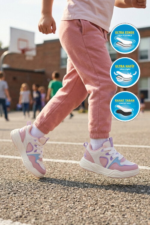 Beyaz Pudra Fileli Hafif Esnek Kız Çocuk Spor Ayakkabı Jacop F