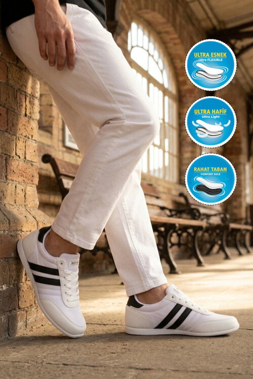 Beyaz Siyah Bağcıklı Hafif Esnek Erkek Spor Ayakkabı BST-2086 M