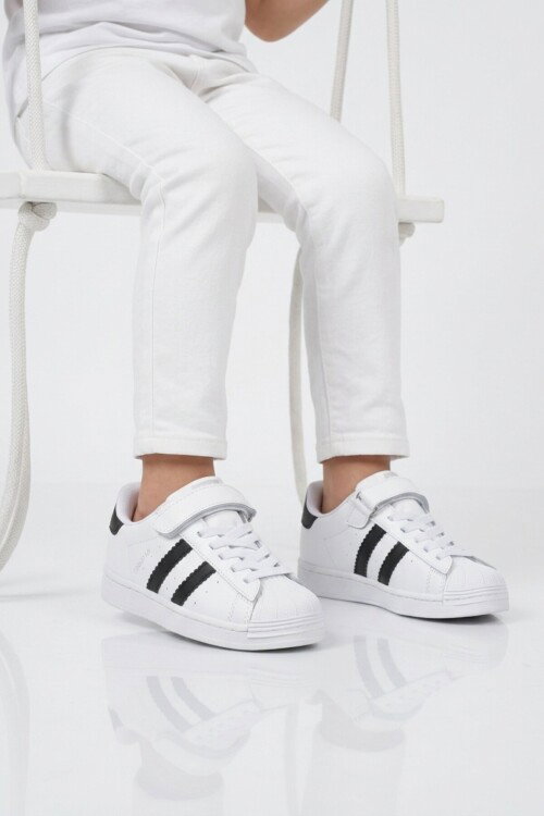 Beyaz Siyah Cırtlı Hafif Unisex Çocuk Spor Ayakkabı Star F