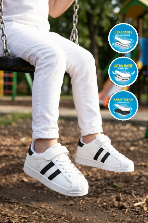 Beyaz Siyah Cırtlı Hafif Unisex Çocuk Spor Ayakkabı Star F
