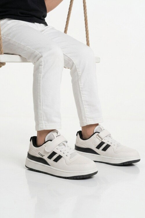 Beyaz Siyah Fileli Hafif Cırtlı Unisex Çocuk Spor Ayakkabı Stella F