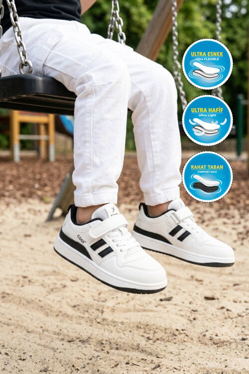 Beyaz Siyah Fileli Hafif Cırtlı Unisex Çocuk Spor Ayakkabı Stella F