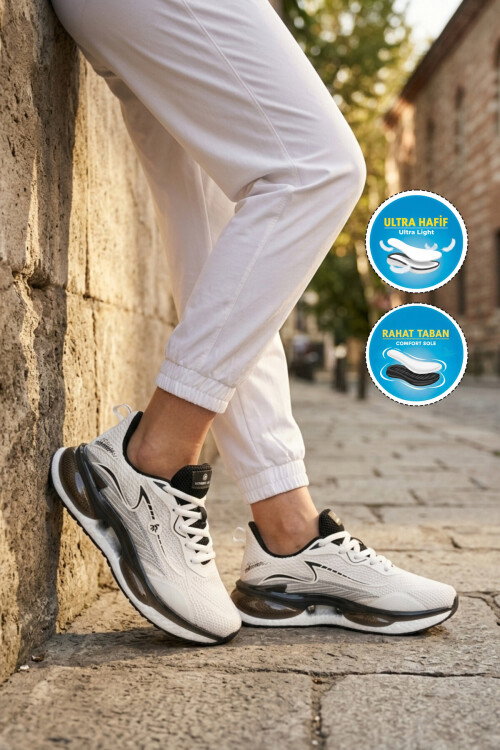 Beyaz Siyah Fileli Hafif Esnek Unisex Spor Ayakkabı 101 25087-G