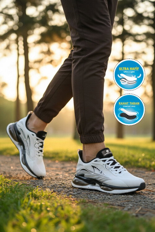 Beyaz Siyah Hafif Esnek Bağcıklı Erkek Spor Ayakkabı Amelıe 101 25087-M