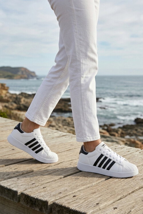 Beyaz Siyah Bağcıklı Cilt Hafif Unisex Spor Ayakkabı Senti G