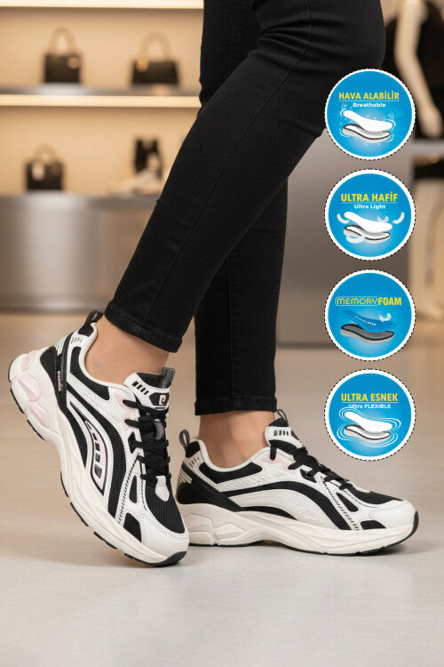 Beyaz Siyah Hafızalı Taban Fileli Hafif Kadın Spor Ayakkabı PCI-11369 G