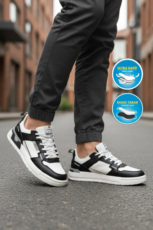 Beyaz Siyah Bağcıklı Hafif Esnek Erkek Sneaker Soprano 101 25205 M