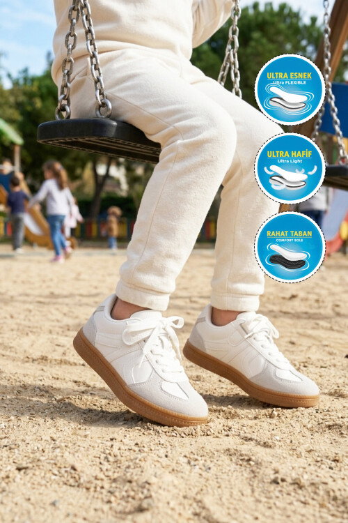 Beyaz Cırtlı Bağcıklı Unisex Çocuk Spor Ayakkabı Berry F