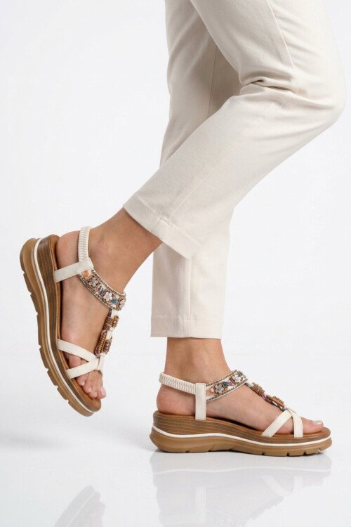 Beyaz Hakiki Deri Taş İşlemeli Kadın Sandalet B481 Z