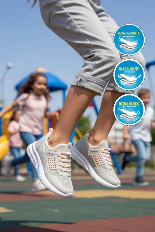 Buz Pudra Fileli Hafif Esnek Kız Çocuk Spor Ayakkabı Motano F