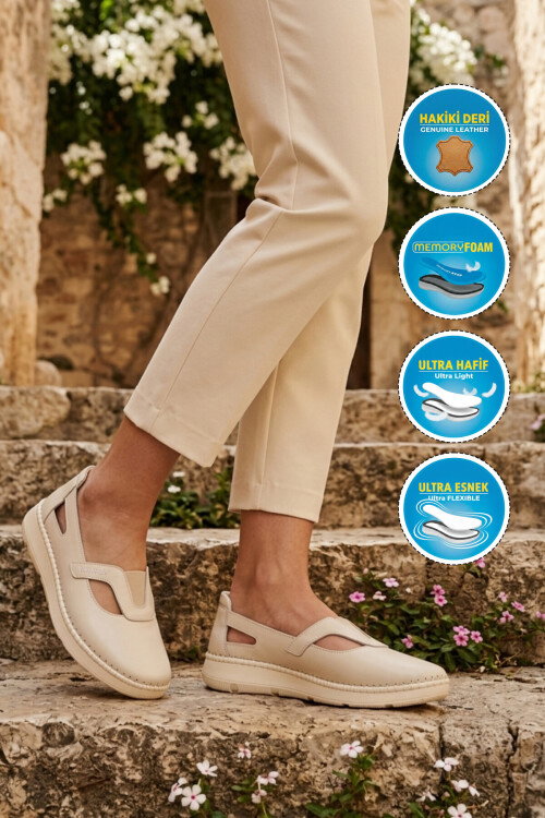 Ekru Hakiki Deri Anatomik Kadın Casual Ayakkabı Z541 Z