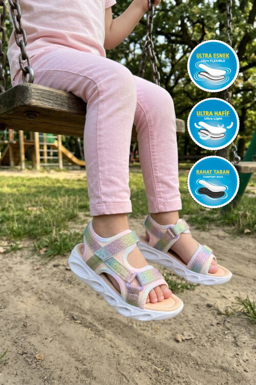 Renkli Cırtlı Işıklı Kız Çocuk Sandalet Pamela F