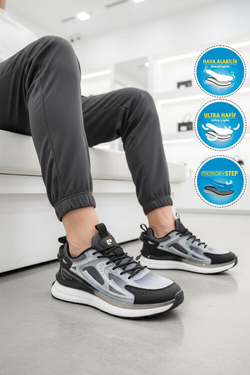 Gri Siyah Fileli Hafif Esnek Erkek Spor Ayakkabı PCI-10105 M