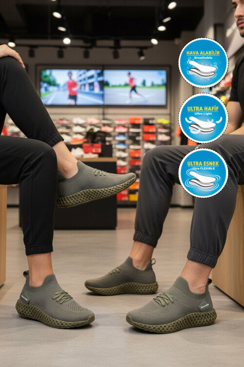 Haki Fileli Hafif Kolay Giyilebilir Unisex Spor Ayakkabı PC-32711 G