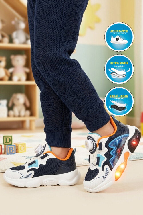 Lacivert Misina Bağcıklı Işıklı Hafif Erkek Çocuk Spor Ayakkabı Remy P