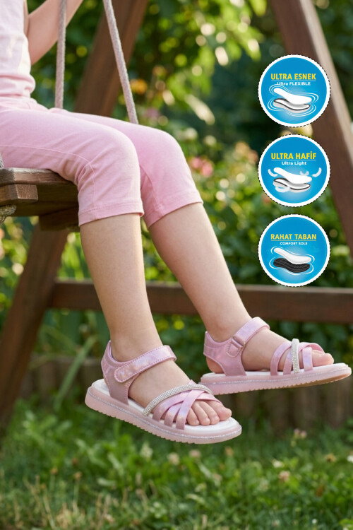 Pembe Yumuşak Taban Hafif Cırtlı Kız Çocuk Sandalet Maya F