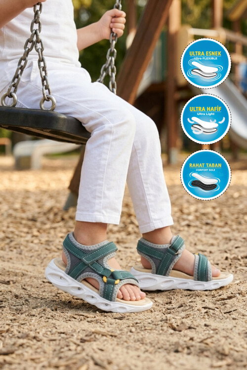 Petrol Mavisi Cırtlı Işıklı Hafif Unisex Çocuk Sandalet Sage F