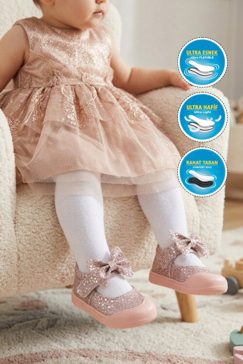 Pudra Cırtlı Hafif Fiyonk Detaylı Anatomik Bebek Ayakkabı Darla İA