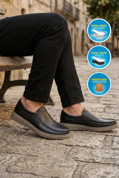 Siyah Bej Hakiki Deri Erkek Casual Ayakkabı 047 M