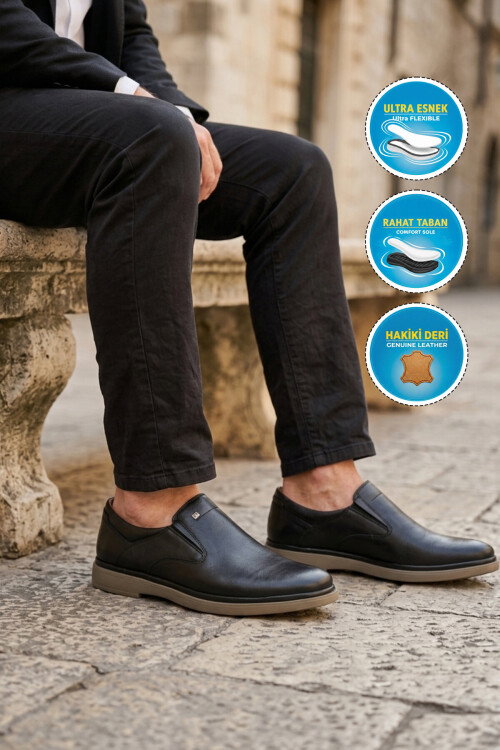 Siyah Bej Hakiki Deri Erkek Casual Ayakkabı 329 M