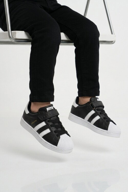 Siyah Beyaz Cırtlı Hafif Unisex Çocuk Spor Ayakkabı Star F