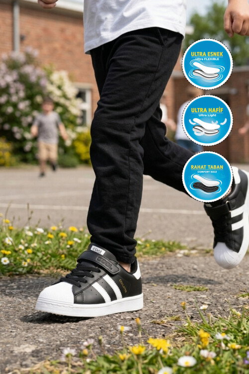 Siyah Beyaz Cırtlı Hafif Unisex Çocuk Spor Ayakkabı Star F