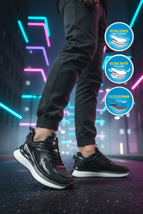 Siyah Beyaz Fileli Hafif Esnek Erkek Spor Ayakkabı PCI-10105 M