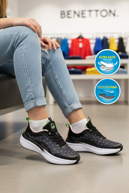 Siyah Beyaz Fileli Hafif Esnek Kadın Spor Ayakkabı BNI-11441 G