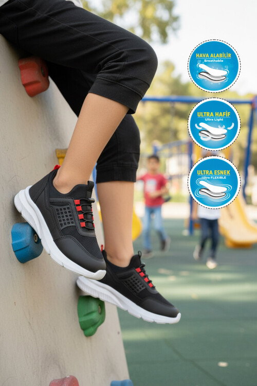 Siyah Beyaz Fileli Hafif Esnek Unisex Çocuk Spor Ayakkabı Motano F
