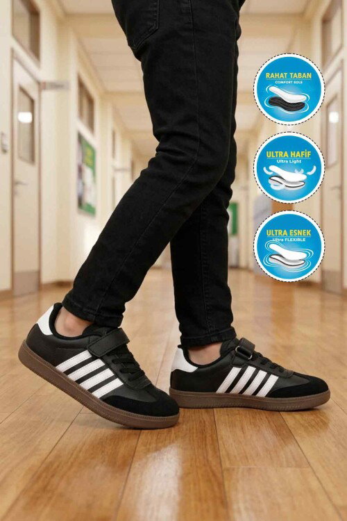 Siyah Beyaz Cırtlı Hafif Esnek Erkek Çocuk Spor Ayakkabı 753 F