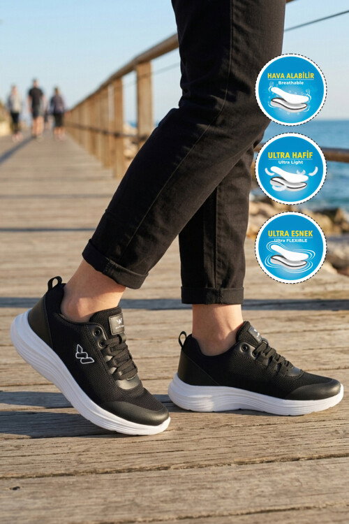 Siyah Beyaz Fileli Hafif Esnek Hava Alabilen Unisex Spor Ayakkabı Pete G