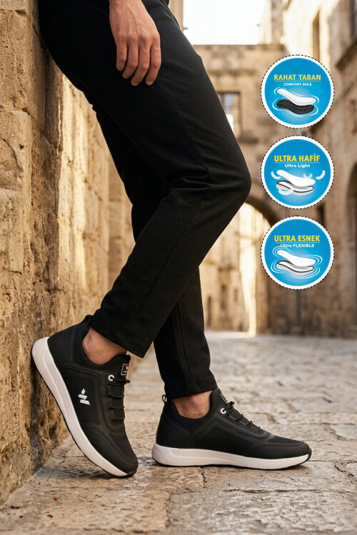 Siyah Beyaz Hafif Esnek Kilit Bağcıklı Erkek Spor Ayakkabı Bertina M