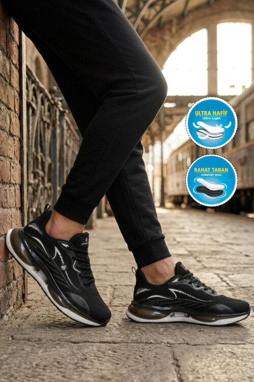 Siyah Beyaz Hafif Esnek Bağcıklı Erkek Spor Ayakkabı Amelıe 101 25087-M