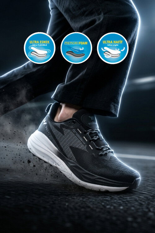 Siyah Beyaz Fileli Hafif Esnek Hafızalı Taban Erkek Spor Ayakkabı Flexion M