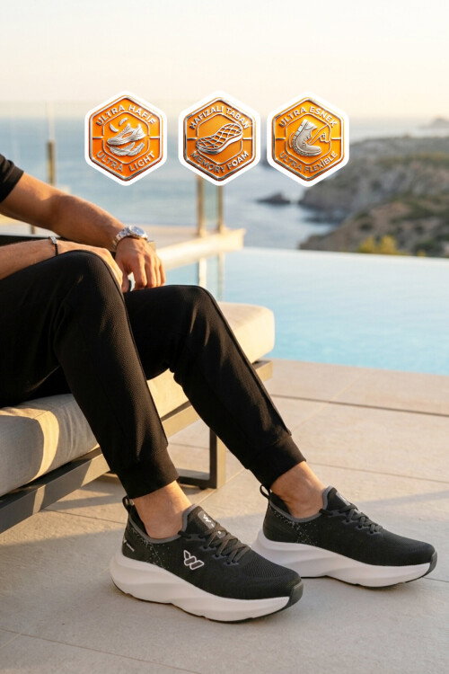 Siyah Beyaz Fileli Hafif Esnek Hafızalı Taban Unisex Spor Ayakkabı Flexnova M
