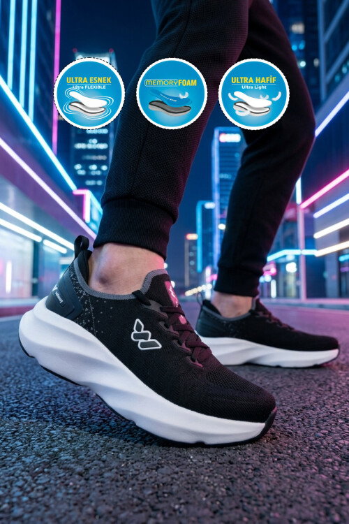 Siyah Beyaz Fileli Hafif Esnek Hafızalı Taban Unisex Spor Ayakkabı Flexnova M