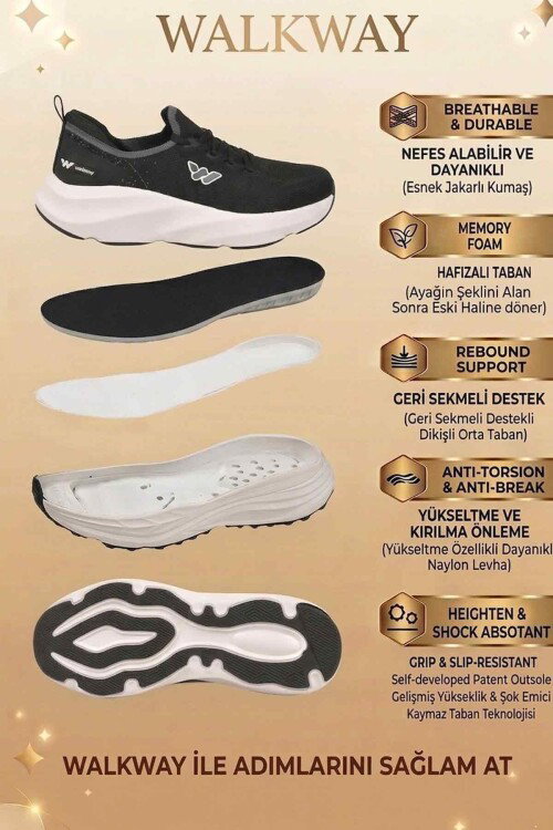 Siyah Beyaz Fileli Hafif Esnek Hafızalı Taban Unisex Spor Ayakkabı Flexnova M