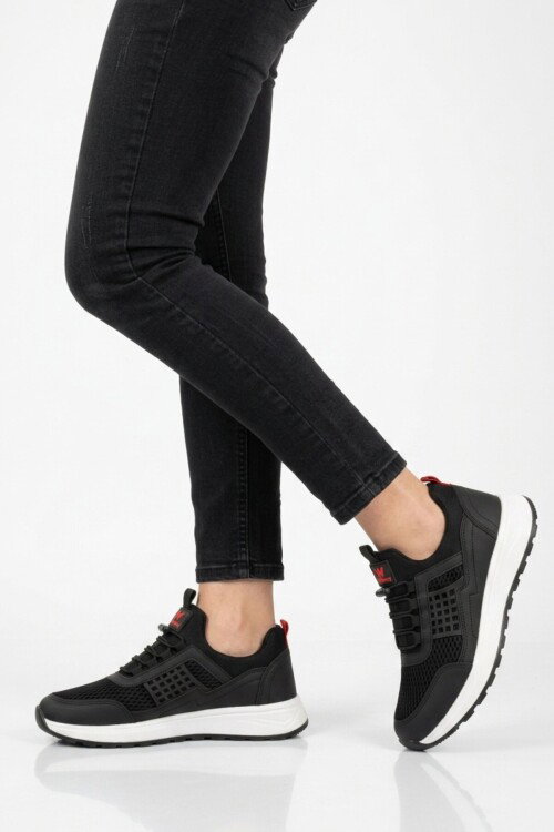 Siyah Beyaz Fileli Hafif Esnek Kilit Bağcıklı Unisex Spor Ayakkabı Motano G