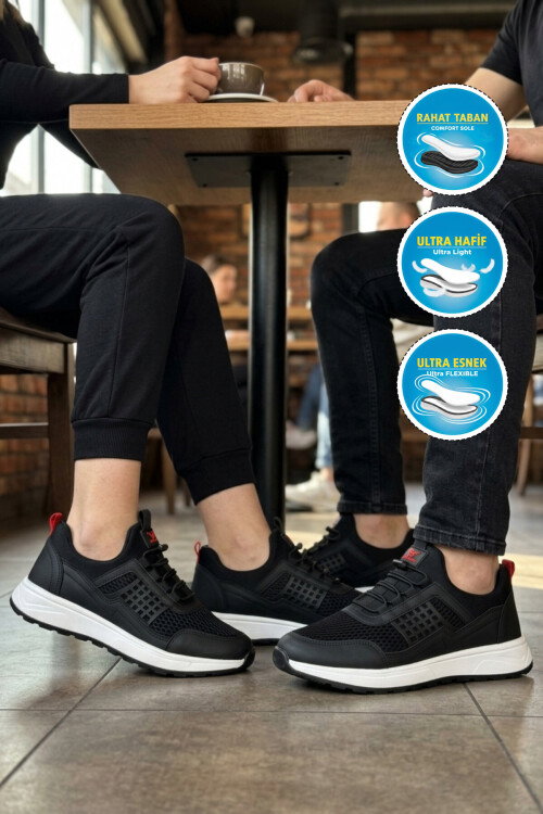 Siyah Beyaz Fileli Hafif Esnek Kilit Bağcıklı Unisex Spor Ayakkabı Motano G