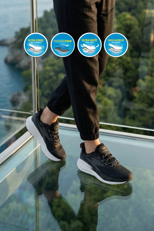 Siyah Beyaz Fileli Hafif Esnek Hafızalı Taban Unisex Spor Ayakkabı Flexion G