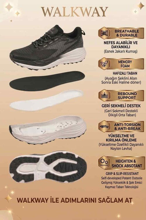 Siyah Beyaz Fileli Hafif Esnek Hafızalı Taban Unisex Spor Ayakkabı Flexion G