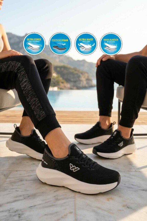 Siyah Beyaz Fileli Hafif Esnek Hafızalı Taban Unisex Spor Ayakkabı Flexnova G