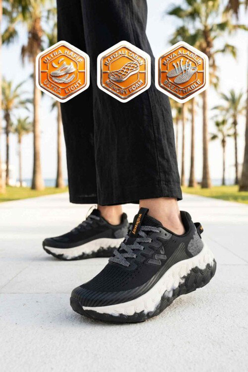 Siyah Beyaz Fileli Hafif Esnek Hafızalı Taban Unisex Spor Ayakkabı Flystep G